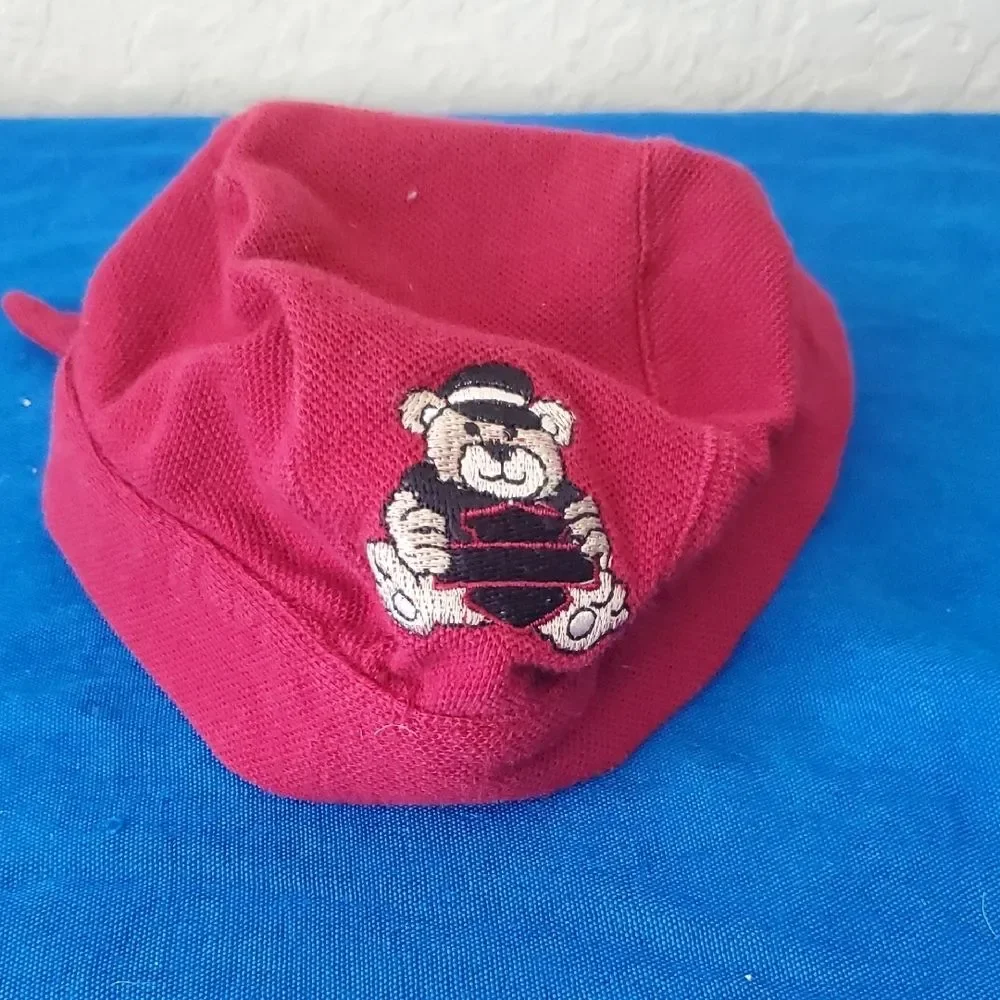 Vintage Red Baby Durag Tie Hat 12M Embroidered Sailor Bear Biker Cap